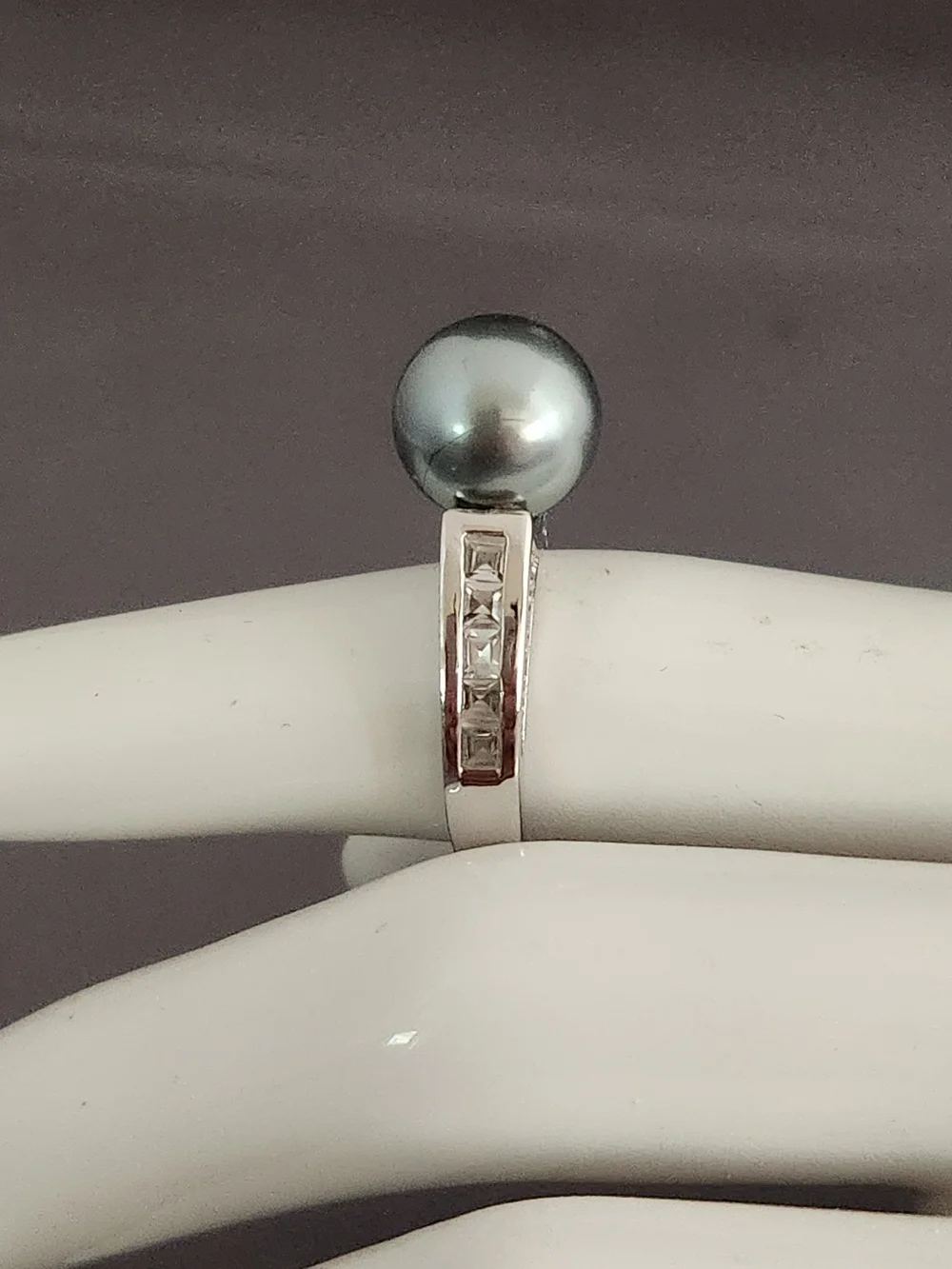 Silver and Black Pearl and Pavé Ring